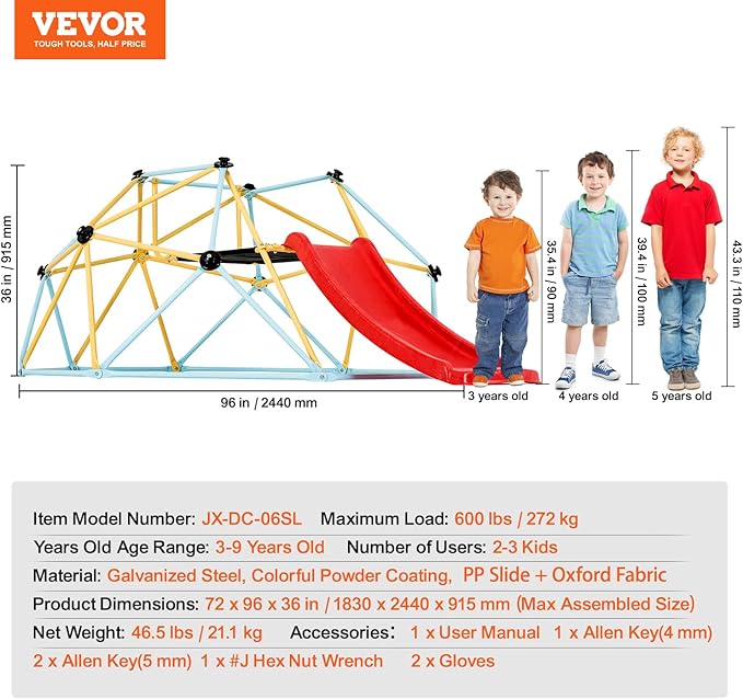 VEVOR Climbing Dome, 8FT Jungle Gym with Slide, Geometric Dome Climber Supports 600LBS and Easy Assembly for Kids 3 to 9 Years Old, with Climbing Grip, Outdoor and Indoor Play Equipment for Kids