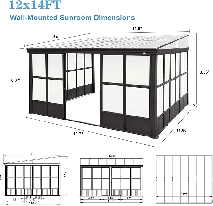12' x 14' Patio Sun Room Kit, Outdoor Lean-to Enclosed Gazebo, Wall Mounted Solarium, All Season Sunroom Against The Wall with Removable Polycarbonate Roof/Windows, 2 Lockable Sliding Doors