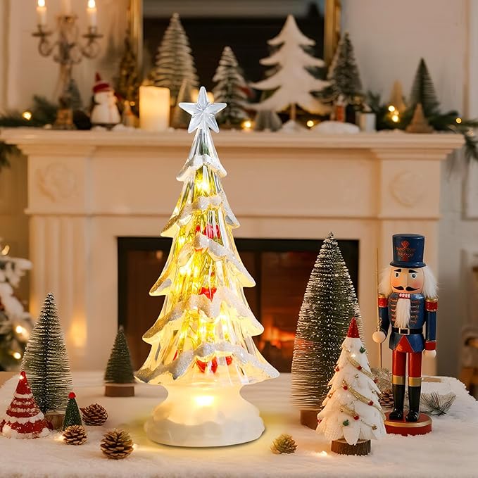 Small Christmas Tree White Acrylic Tree with Red Berries 11 Inch Tabletop Christmas Tree with LED Lights Timer Vintage Christmas Decoration Battery Operated Medium Transparent