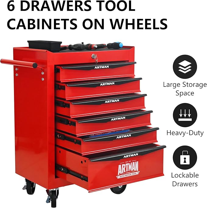 RYH 6 Drawers Rolling Tool Chest - Heavy Duty Mobile Tool Cart with Locking Wheels & Ball Bearing Drawers, 30.5 H x 20.9 W x 13 D Garage Tool Storage Cabinet (Red, 6 Drawers)