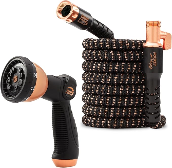 Pocket Hose Copper Bullet Expandable Garden Hose w/10 Pattern Thumb Spray Nozzle AS SEEN ON TV 650psi 3/4 in Patented Lead-Free Ultra-Lightweight Solid Copper Anodized Aluminum (50 Ft)