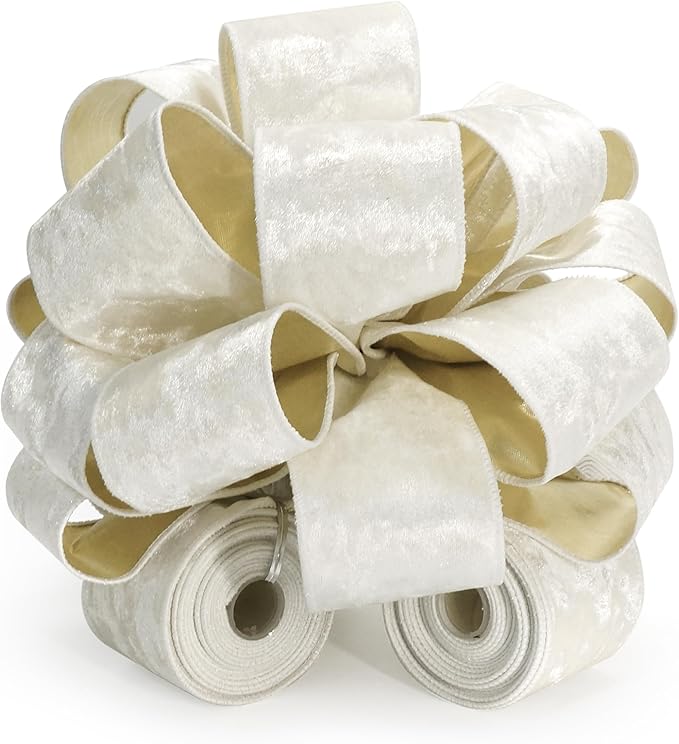 CT CRAFT LLC Ivory Velvet Metallic Backing Christmas Tree Topper Bow 11" with 4 Ribbon Streamers x 3 Yards Long Each for Holidy Elegant Fancy Home Décor Indoor