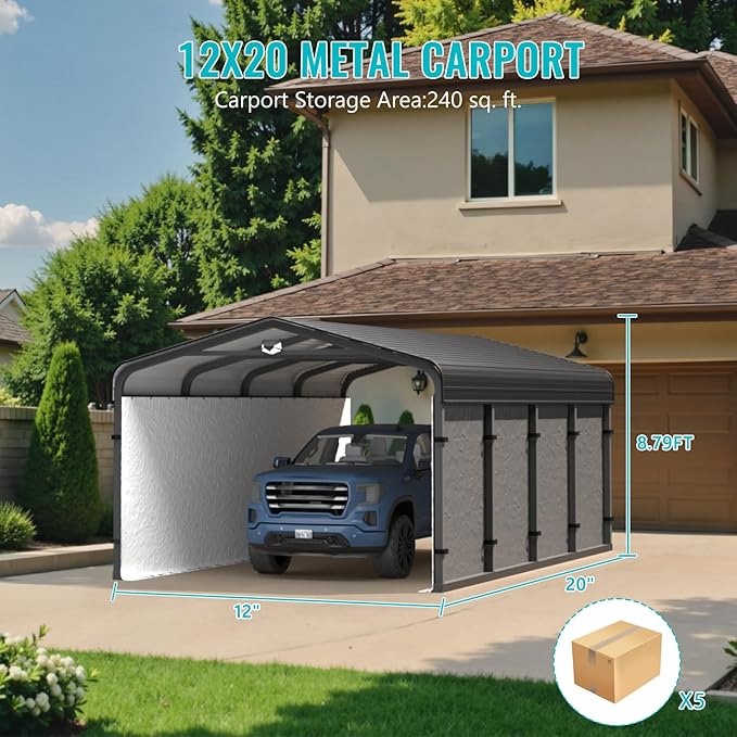 12x20 Metal Carport, Heavy Duty Car Carport Canopy, Galvanized Steel Roof Car Tent Garage, CarPorts with Removable Polyethylene Sidewalls