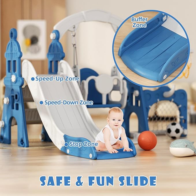 KORIMEFA 5-in-1 Kids Slide and Swing Set, Toddler Slide with Basketball Hoop, Swing, Outdoor Indoor Playground for Toddlers 1-3 (5 in 1- Blue)