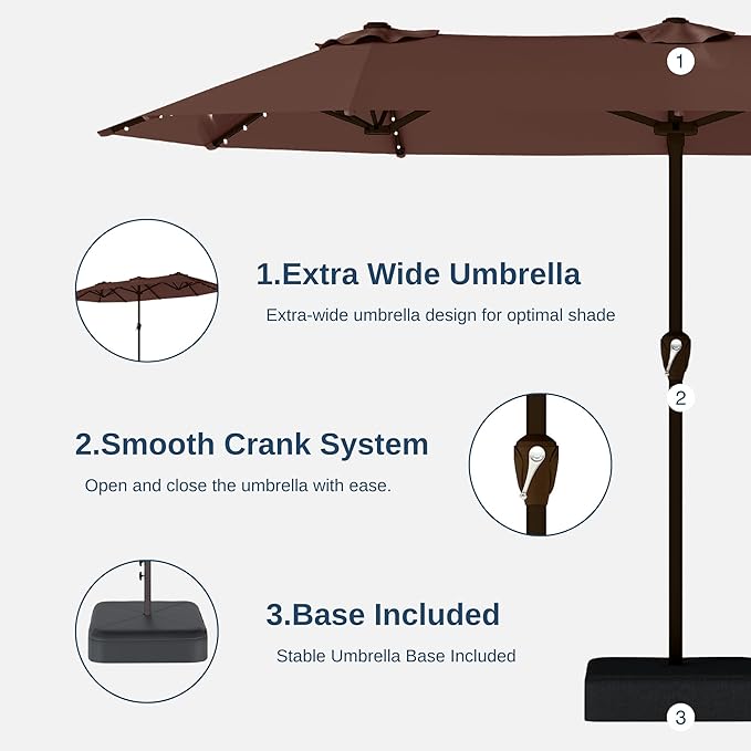 13FT Double-Sided Patio Umbrella with 48 Solar LED Lights, Large Rectangular Outdoor Market Umbrella with Crank Handle, Vented Canopy, Heavy-Duty 12 Rib Steel Frame, for Backyard, Garden, Pool, Brown