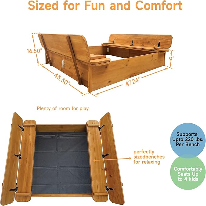Wooden Sandbox with Cover, 48x48 Inch Large Outdoor Sand Box for Kids Ages 4-8, Cedar Wood Sandpit with Foldable Bench Seats & Bottom Liner