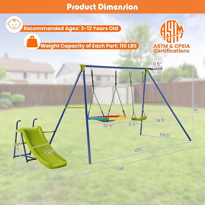 Costzon Swing Sets for Backyard, 4-in-1 Heavy Duty Large Metal Swing Frame w/2 Adjustable Swings, Slide, Basketball Hoop, Play Equipment for Indoor Outdoor, Gift for Kids
