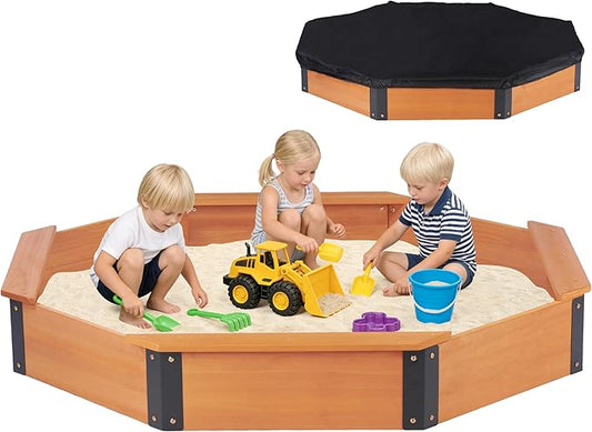 64''x56''x8.5'' Octagon Sandbox with Cover for Kids Outdoor Play, Wood Large Sandpit with 4 Benches, Quick Easy Install, US. Patented