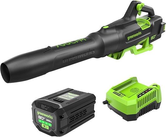 Greenworks 80V (700 CFM / 170 MPH) Brushless Cordless Leaf Blower, Commercial-Grade Power, 40-Min Rapid Charger for Wet Leaves, Heavy Debris, Gravel and Driveway Snow, Includes 2.5Ah Battery & Charger