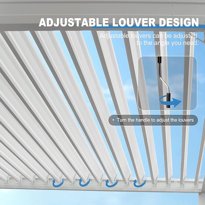 10x10FT Louvered Pergola, Outdoor Pergola Aluminum Frame with Adjustable Rainproof Roof, Permanent Sun Shade with Drainage System for Backyard, Garden and Lawn, White