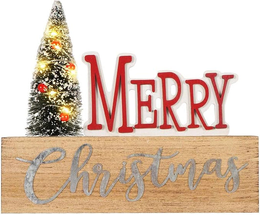 Christmas Tree Decorations LED Lighted Merry Christmas Block for Home Farmhouse Winter Wooden Decor Vintage Rustic Sign for Table House Kitchen Holiday Xmas