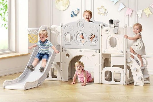 Babytronic Toddler Slide Set, 8 in 1 Kids Slide with Climber, Indoor Outdoor Slide for Toddlers Age 1-3, Toddler Playset with Basketball Hoop and Tunnel, Toddler Indoor Outdoor Playground (White&Gray)