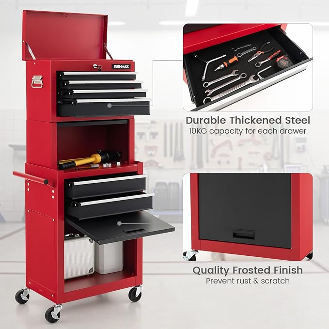 ERGOMASTER Rolling Tool Chest - Removable Top Box Large Bottom Cabinet with Casters and Lock System Tool-Box - Heighten 6-Drawer Red