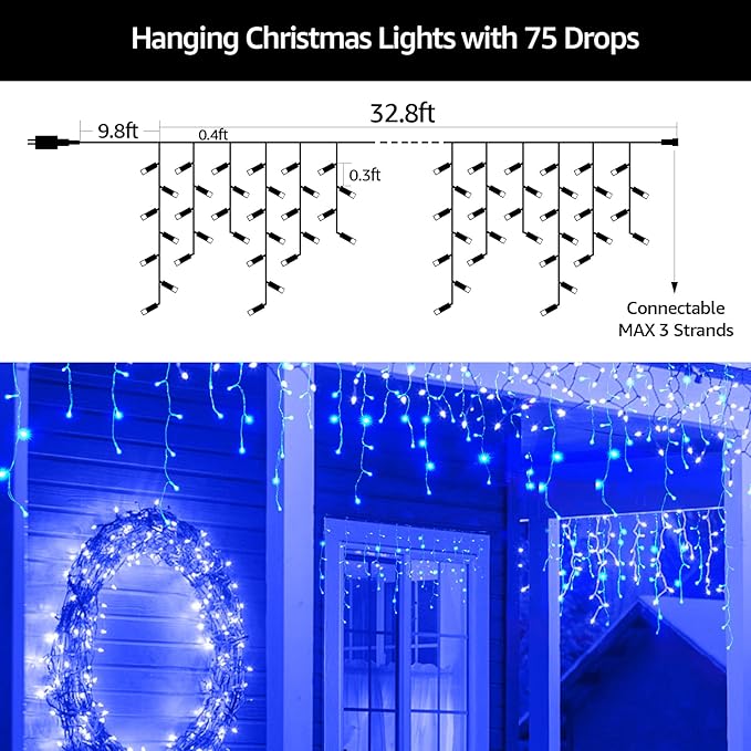 Led Christmas Lights Outdoor Christmas Decorations Hanging Lights 400LED 8 Modes 75 Drops, Waterproof Outdoor Indoor Fairy Christmas Light for Party, Holiday, Wedding, Eaves Decorations (Blue)