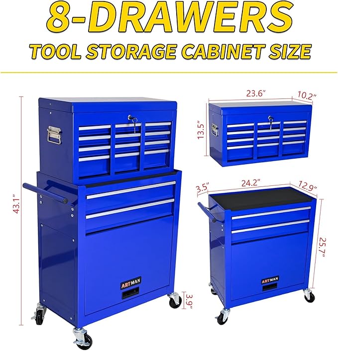 Rolling Tool Chest with Wheels, 8-Drawer Steel Tool Storage Cabinet with Lockable Top, Heavy-Duty Mobile Tool Box Organizer for Garage, Workshop & Job Site