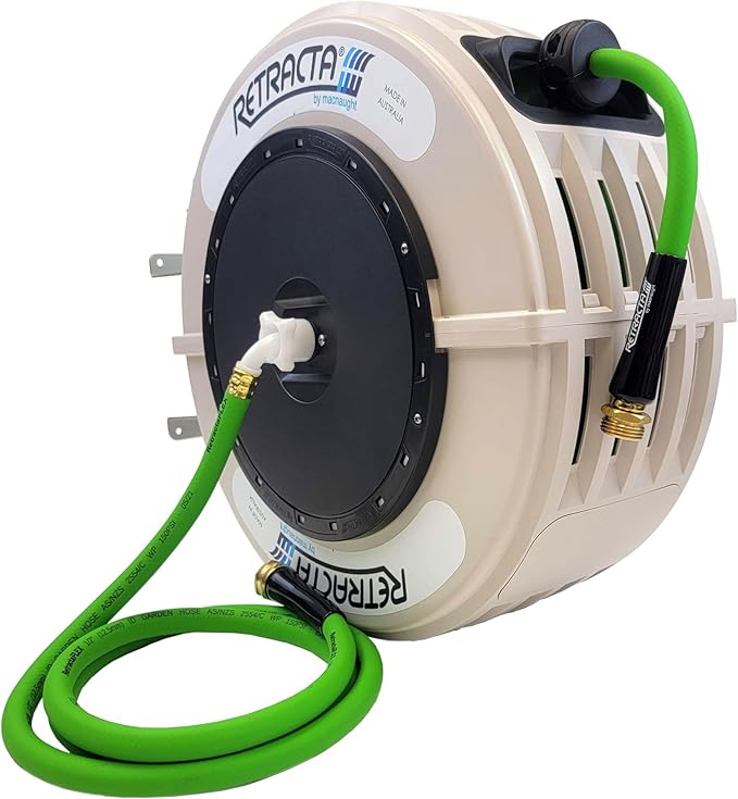 Macnaught Retractable Garden Hose Reel, 82 Ft Water Hose Reel Heavy Duty Retractable Hose with Metal 180¡Æ Swivel Rotation Bracket for Wall Mount - Beige