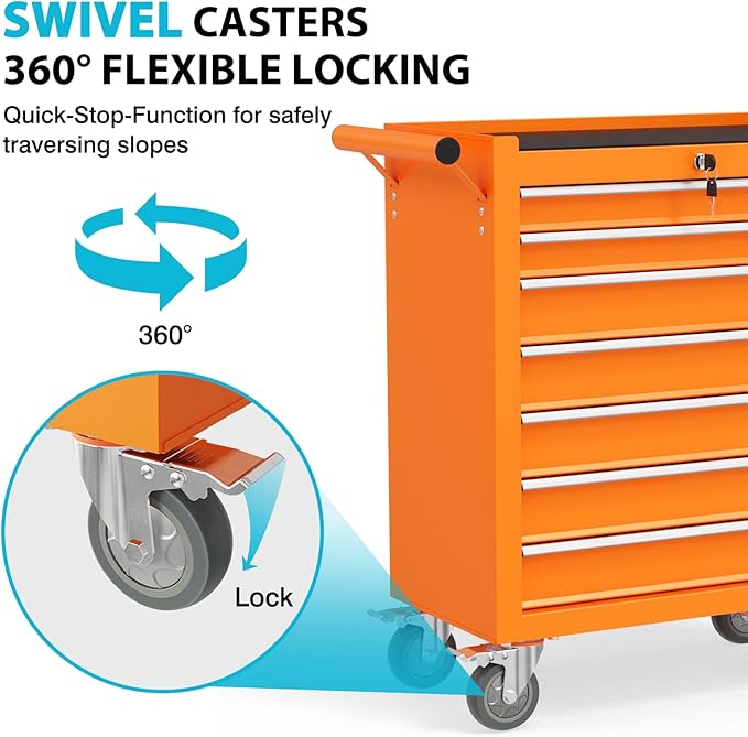7 Drawers Rolling Tool Box, Portable Storage Tool Chest with Wheels, Toolbox with Lock for Warehouse, Garage, Repair Shop and Tool Room (Orange)