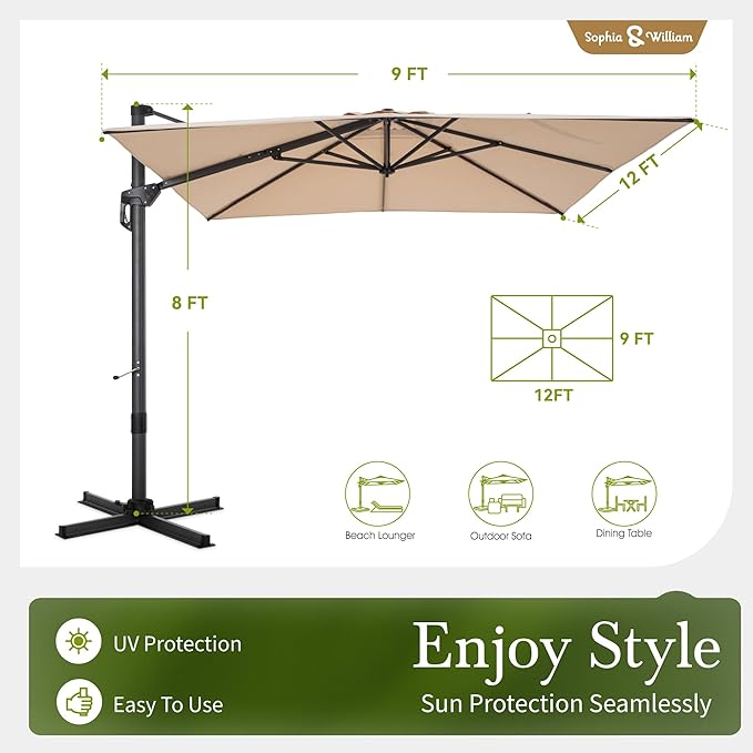 Sophia & William Cantilever Patio Umbrella 9x12ft, Large Outdoor Umbrellas with Crank Handle, 6-Level Tilt,360° Rotation, Windproof, Crashproof, Design for Pool Garden Backyard (Beige)