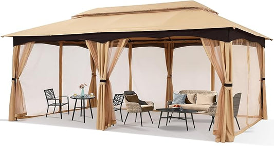 MASTERCANOPY Outdoor Patio Gazebo for Garden with Upgrade Steel Frame and Netting Walls (10x20,Beige)