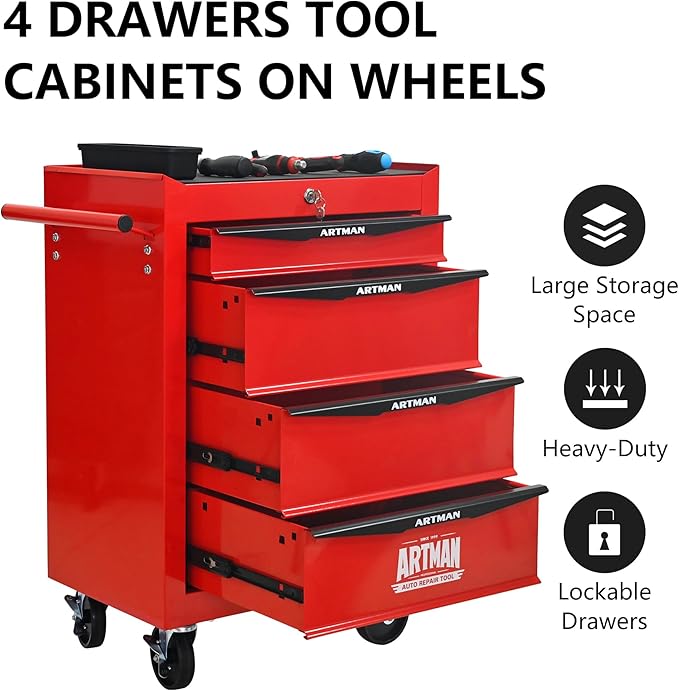 RYH 4 Drawers Rolling Tool Chest - Heavy Duty Mobile Tool Cart with Locking Wheels & Ball Bearing Drawers, 30.5 H x 20.9 W x 13 D Garage Tool Storage Cabinet (Red, 4 Drawers)