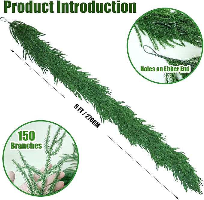 9FT Christmas Norfolk Pine Garland, Greenery Real Touch Decorations for Mantle Table Staircase Fireplace Mantel Porch Banister Holiday Home Winter Faux Xmas Garland Winter Indoor Outdoor Decor