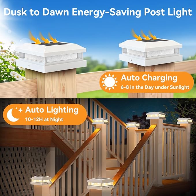 Brightever 4x4 Solar Light Outdoor 4 Packs, Waterproof Solar Powered Post Cap Light for 5x5 Vinyl/Wooden Post with Warm/Cool Lighting, White 16LEDs Deck Cap Lights for Outside, Garden, Patio, Porch