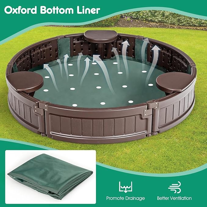 Costzon Round Kids Sandbox with Cover, HDPE Sand Pit w/Detachable Built-in Seating & Bottom Liner for Backyard, Garden, Beach, Lawn, Outdoor Sand Box for Kids Age 3+