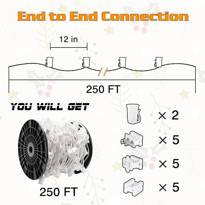 250FT C9 Outdoor String Light Stringer, E17 Socket 12" Spacing, C9 Christmas Stringer Set Spool White Light String for Wedding Patio Event Lighting Decor, White Wire