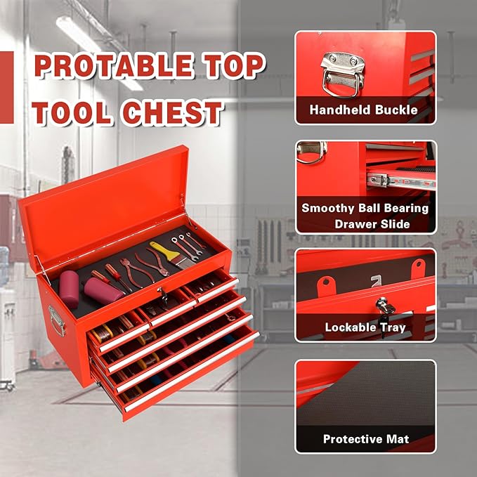 8-Drawer Rolling Tool Chest, High Capacity Removable Tool Storage Cabinet, Detachable Toolbox with Lock for Garage Warehouse and Tool Room (Red)