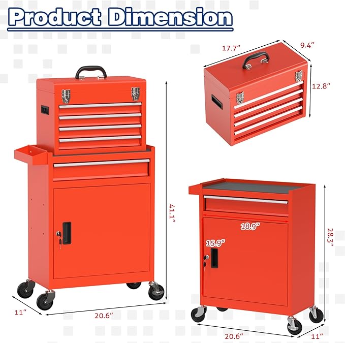 Rolling Tool Box with Wheels, 5-Drawer High Capacity Tool Chest with Wheels, Removable Storage Toolbox with Lock for Garage, Workshop (Red)
