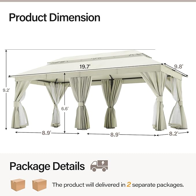 LAUSAINT HOME Semi-permanent Patio Gazebo 10'x20' with Expansion Bolts, Outdoor Heavy Duty Party Shelter with Double Roof, Mosquito Nettings and Privacy Screens for Backyard, Garden, Lawn, Cream White