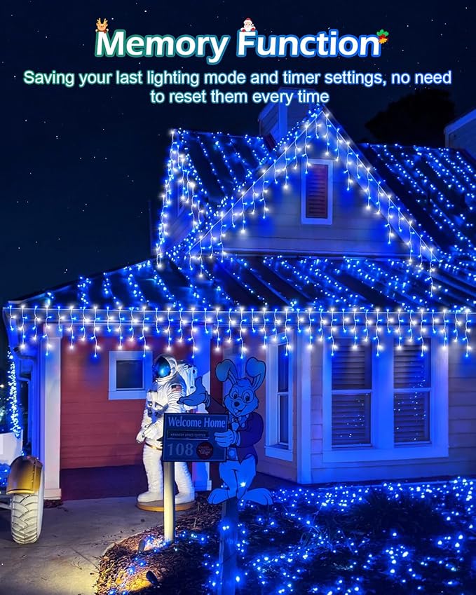 106 FT Christmas Lights Outdoor, 972 LED Waterproof Outside Christmas Lights Plug in, Connectable 8 Modes Hanging Fairy Lights with 216 Drops for House Eaves Yard Patio Blue and White