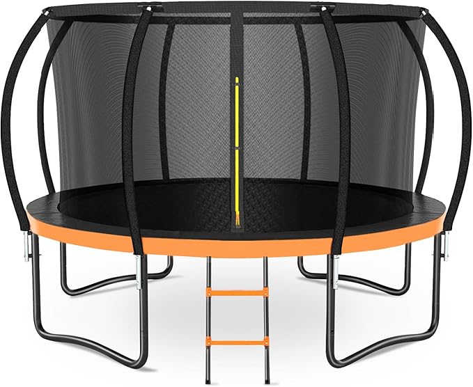 8FT 10FT 12FT 14FT 16FT Trampoline Outdoor, Trampolines for Kids & Adults, Pumpkin Trampolines with Safety Net, Ladder, Coating Metal Frame, ASTM Approved Large Backyard Trampoline for Kids