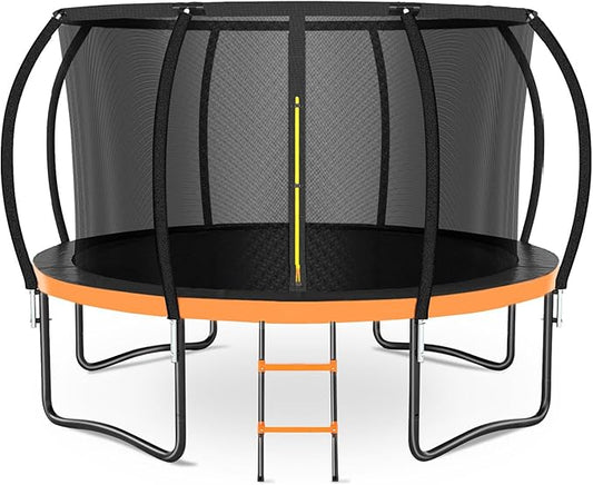 8FT 10FT 12FT 14FT 16FT Trampoline Outdoor, Trampolines for Kids & Adults, Pumpkin Trampolines with Safety Net, Ladder, Coating Metal Frame, ASTM Approved Large Backyard Trampoline for Kids