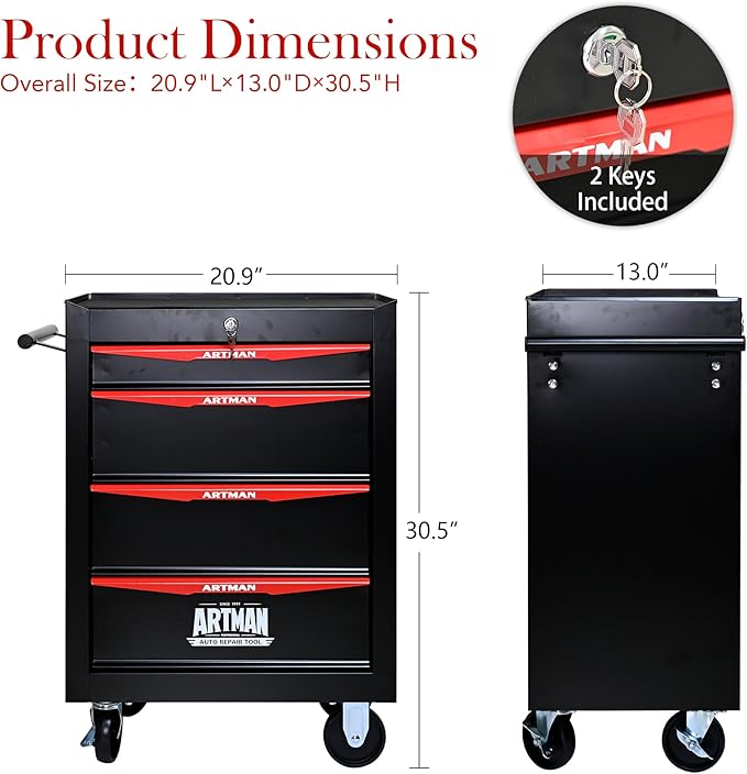 RYH 4/5/6/7 Drawers Rolling Tool Chest - Heavy Duty Mobile Tool Cart with Locking Wheels & Ball Bearing Drawers, 30.5 H x 20.9 W x13 D Garage Tool Storage Cabinet£¬Metal Tool Box (Black, 4 Drawers)