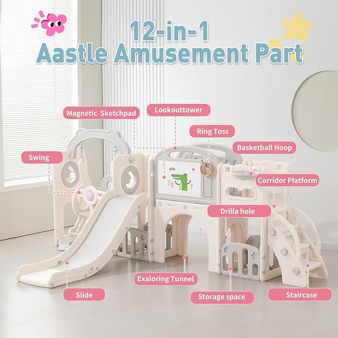 Outdoor Toddler Playset with Swing for Toddler Slide Indoor Playground for Kids, Playsets with Slide, Basketball Hoop, Climber, for Backyard