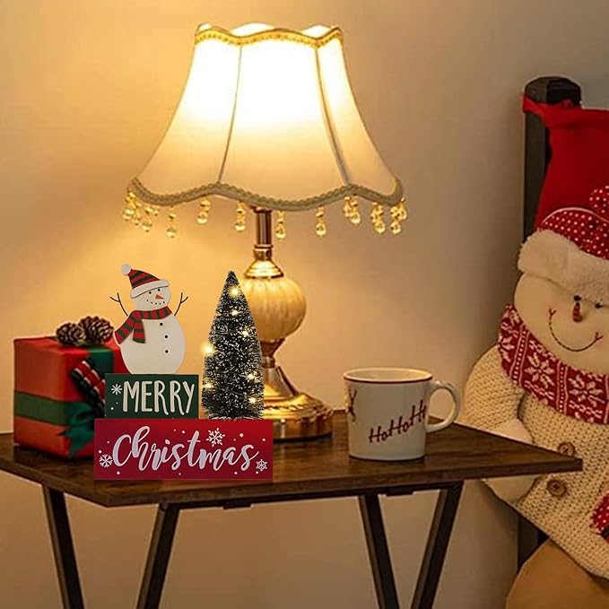 Christmas Decorations for Home LED Lighted Christmas Tree Decor with Timer Farmhouse Snowman Wooden Table Sign Vintage Holiday Xmas Party Winter Tiered Tray Signs
