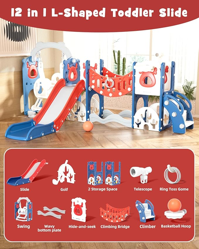 XJD 12-in-1 Toddler Slide and Swing Set, Kids Slide for Toddlers Age 1+, Toddler Outdoor Playset New Upgrade with Golf Set, Basketball Hoop, Drawing Board for Playground (Blue Red)