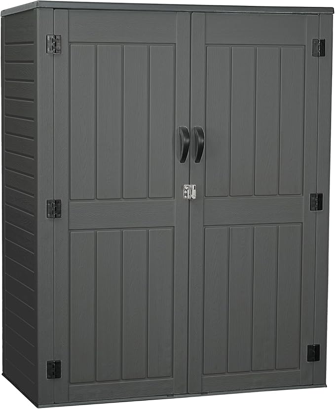 Vertical Resin Storage Shed with 2 Shelves, 60 Cuft Garden Tool Sheds & Outdoor Storage, Plastic Outdoor Storage Cabinet Waterproof, 4.5 x 2.3 ft Backyard Outside Lawn Mower Storage Shed, Grey