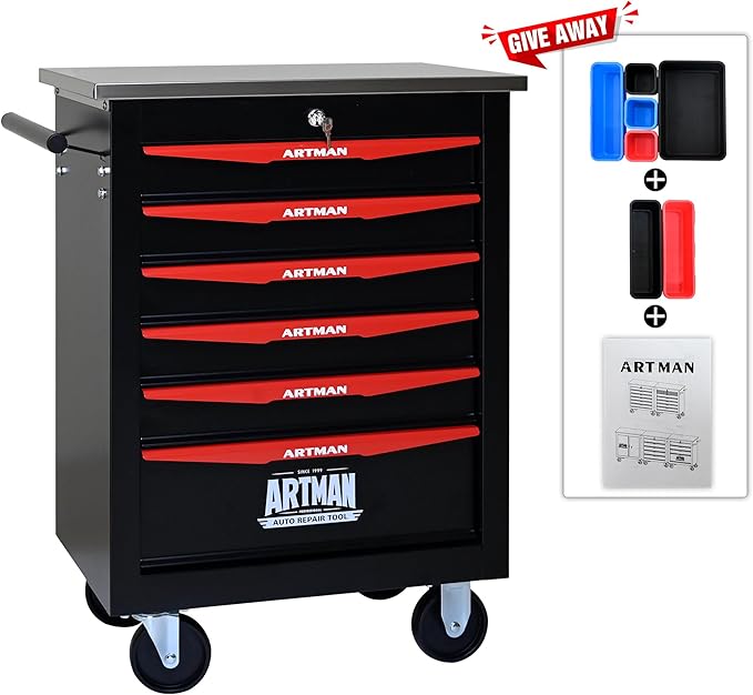 RYH 4/5/6/7 Drawers Rolling Tool Chest -Heavy Duty Mobile Metal Tool Box with Locking Wheels, with Stainless Steel Worktop, Garage Tool Storage Cabinet (Black, 6-Drawers 30.7 H¡¿22.2 W)