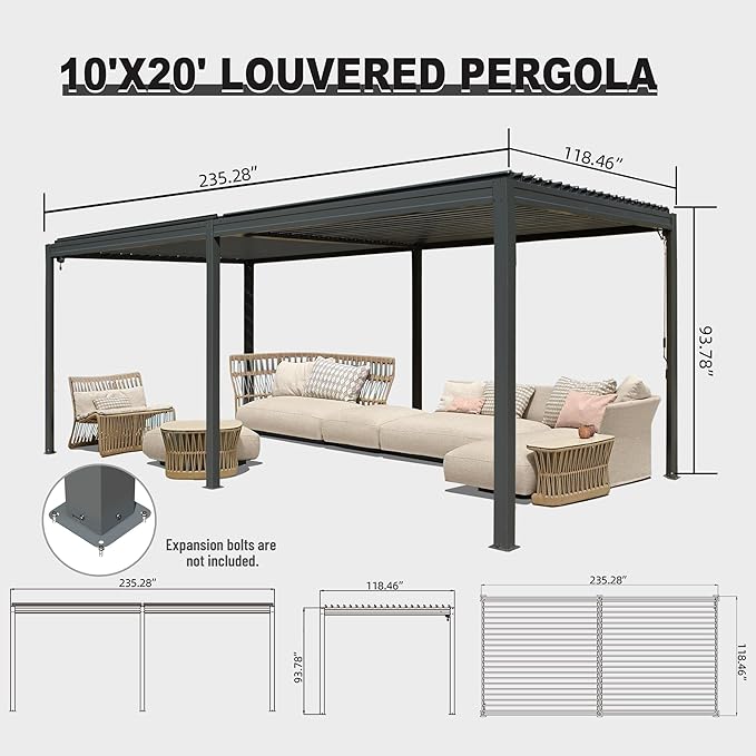 10’ x 20’ Louvered Pergola, Outdoor Pergola Aluminum Frame with Adjustable Rainproof Metal Roof, Permanent Sun Shade with Drainage System for Backyard, Garden and Lawn (Grey)