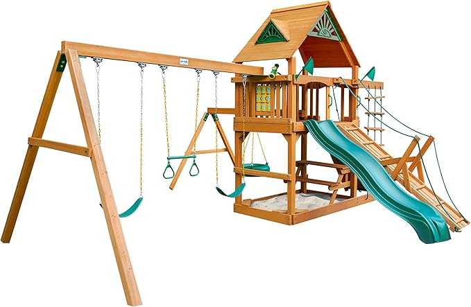 Gorilla Playsets 01-0004-AP Frontier Wood Swing Set with Wood Roof, Tire Swing, Two Belt Swings, Picnic Table, Sandbox, Rock Climbing Wall, Amber