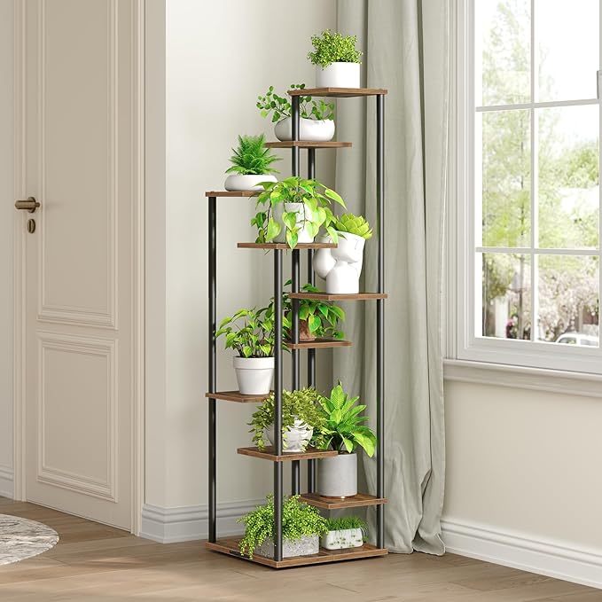 10 Tier Plant Stand Indoor, Tiered Corner Plant Shelf Flower Stand for Living Room, Balcony, Patio, Garden, Rustic Brown and Black