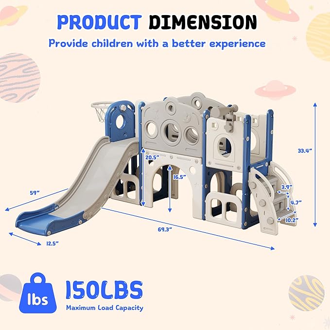8 in 1 Toddler Slide, Outdoor Indoor Playset for Kids Baby Age 1 2 3, Childs Climber Slide with Storage Space and Non-Slip Steps, Basketball Hoopa and Telescope, Blue & White