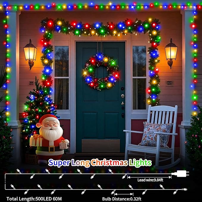 200 FT 500 LED Christmas Lights Outdoor Fairy Lights Plug In Extra Long String Lights Clear Wire Waterproof 8 Modes Timer for Outside House Tree Garden Yard Wedding Party Decorations-Multicolored