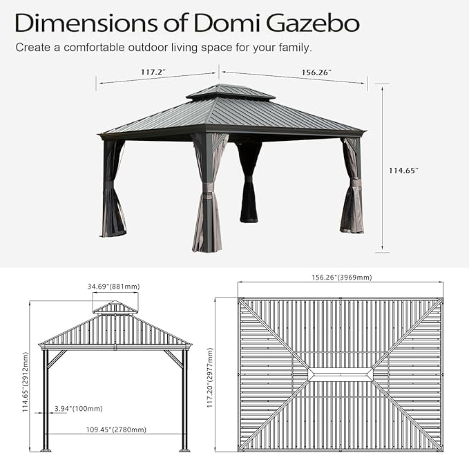 Domi 10x13FT Outdoor Gazebo, Hardtop Gazebo with Galvanized Steel Double Roof, Metal Gazebos with Drainage System Patio Pergola for Patio Deck Backyard,Curtain and Netting,Gray