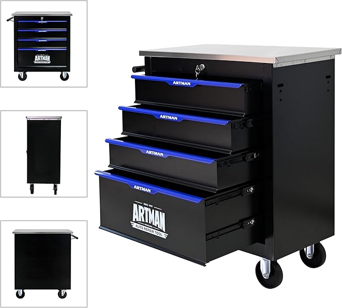 RYH 4/5/6/7 Drawers Rolling Tool Chest -Heavy Duty Mobile Metal Tool Box with Locking Wheels, with Stainless Steel Worktop, Garage Tool Storage Cabinet (Black-Blue, 4-Drawers 30.7 H¡¿25.9 W)