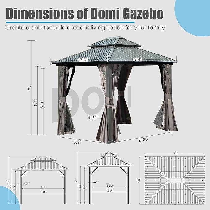 Domi 8’ X 10’ Hardtop Gazebo Canopy with Netting & Curtains, Outdoor Metal Gazebo with Galvanized Steel Double Roof for Patio Lawn and Garden, Gray