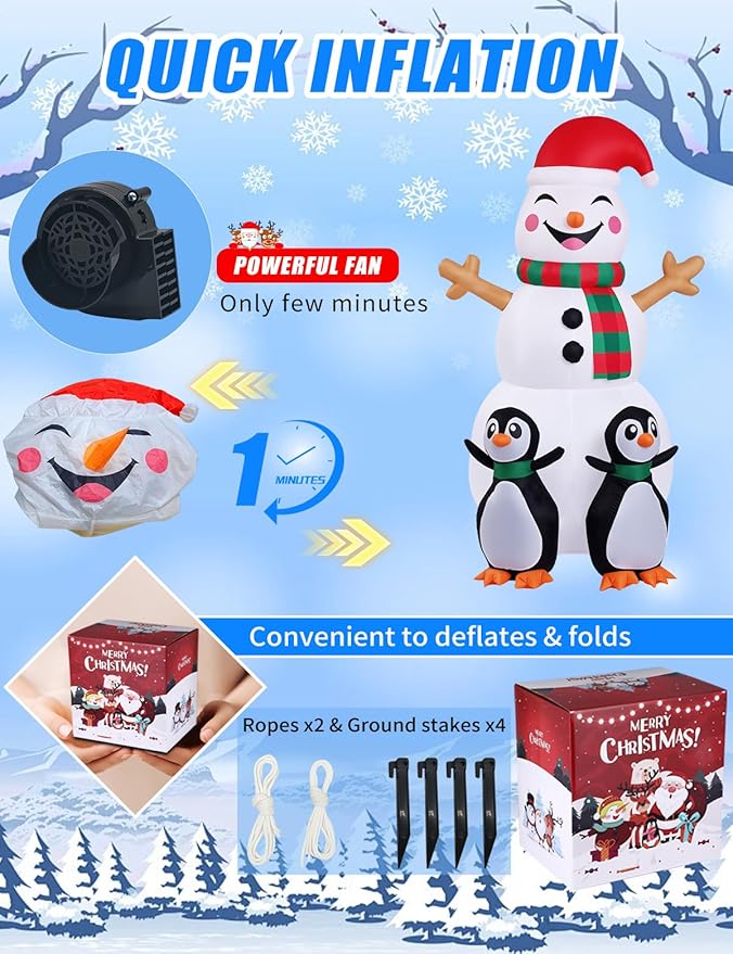 6FT Christmas Inflatables Outdoor Decorations,Inflatable Snowman with 2 Penguins Build-in LED Light-Christmas Blow Up Yard Decorations for Indoor/Outdoor Holiday Garden Lawn Yard Patio