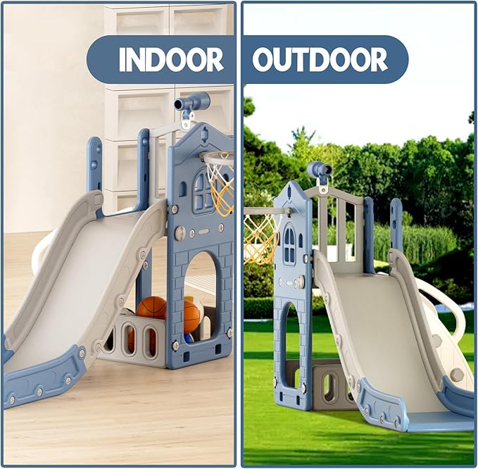 XJD 5 in 1 Toddler Slide, Kids Slide for Toddlers Age 1-3, Outdoor Indoor Playset for Toddlers with Basketball Hoop and Ball, Storage Space Birthday Gifts for Toddler (Blue)